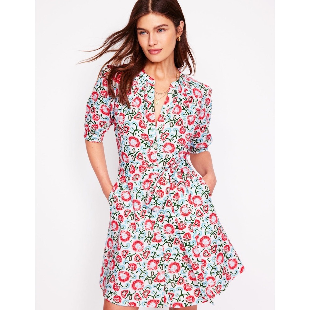 NEW Boden Ada Double Cloth Floral Button Front Dress Pocket Tie Belt Women 16-18